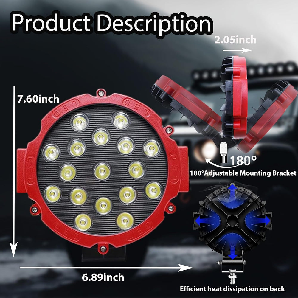 7 Inch Round LED Off Road Lights 51W 5000LM IP67 Waterproof 4-Pack