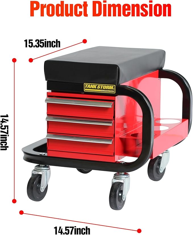 Tool Box Built-in Creeper Seat, Garage Shop Roller Seat, 3 Drawers Heavy Duty