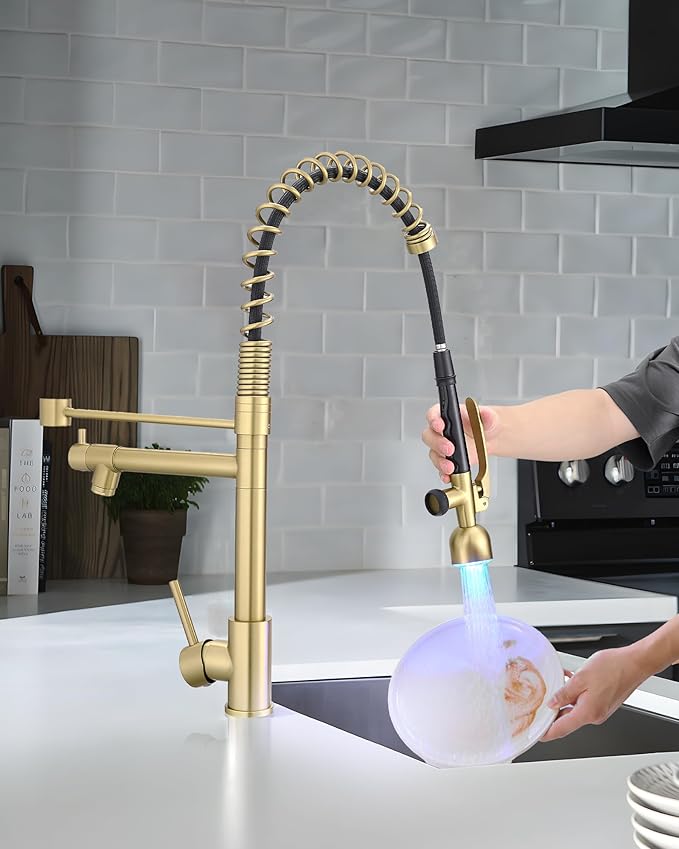 Fapully Single Handle High Arc Brushed Gold Pull Down Kitchen Faucet LED