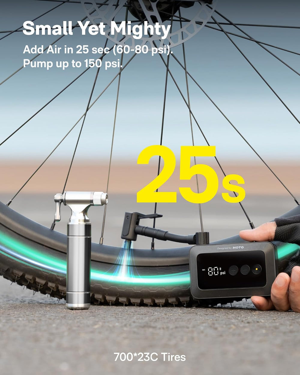 HOTO Electric Bike Tire Pump, Mini Bicycle Pump, 25s Fast Inflate