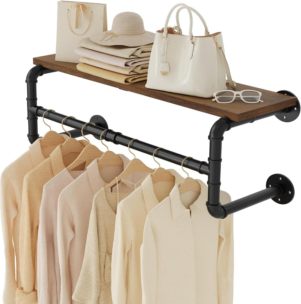 Yawinhe Industrial Pipe Clothing Rack with Shelves,Closet Rod,Rustic Brown