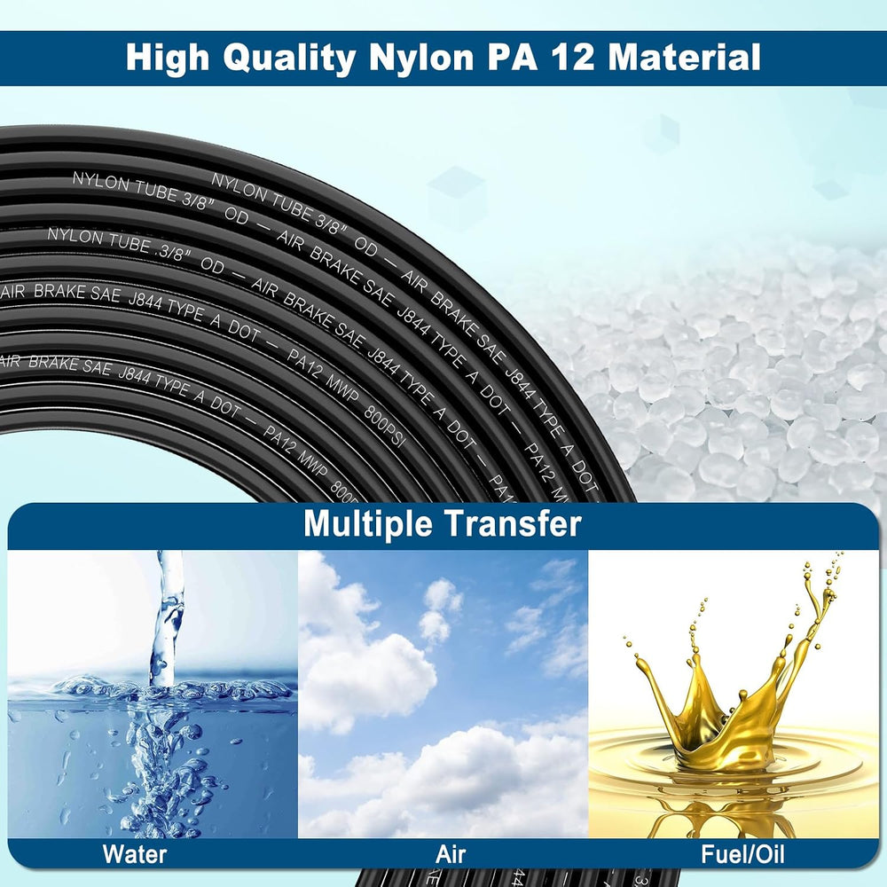 3/8" DOT Air Line, 100FT SAE J844 PA12 Nylon Air Tubing with Cutter
