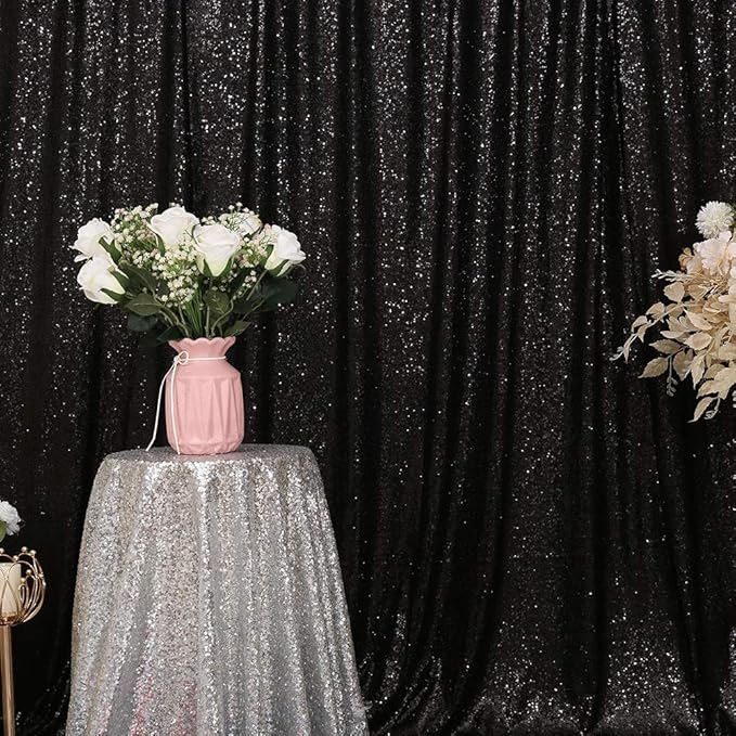 Eternal Beauty Black Sequin Backdrop, 7x7 Ft Halloween Glitter Background Cur...