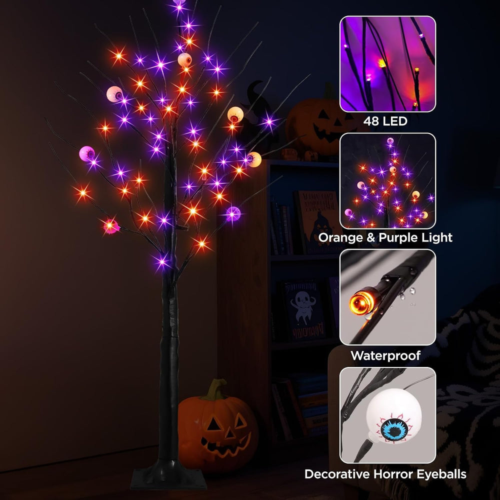 2 Pack 4FT Lighted Black Halloween Tree, Purple & Orange Lights with Timer