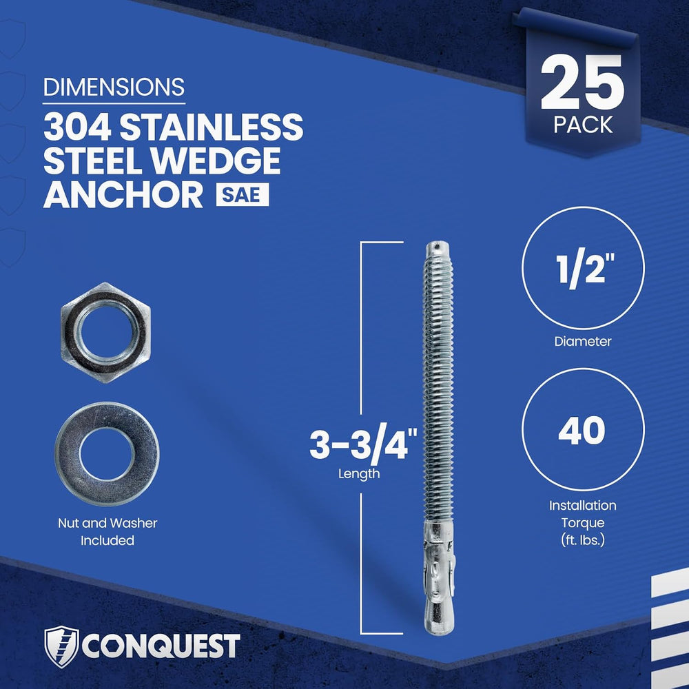 Conquest 304 Stainless Steel Wedge Anchors for Concrete 1/2” x 3-3/4”