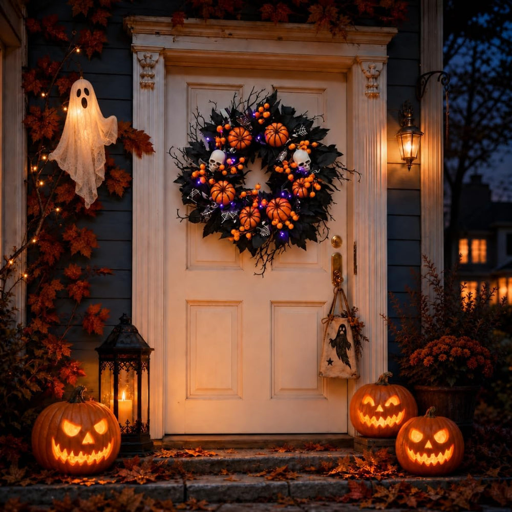 20" Halloween Wreath for Front Door, Black Gothic Spooky Outdoor Décor