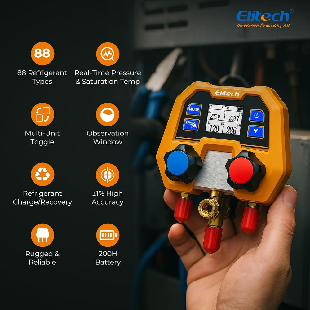 Elitech HVAC Digital Manifold Gauge Set DMG-2SE with Hoses & R410A Adapters