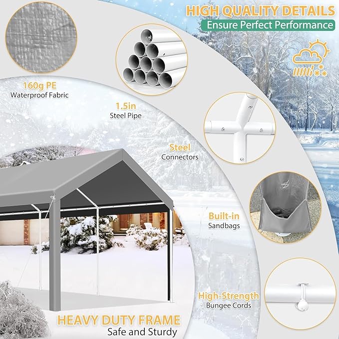 COBIZI Carport 10x20ft Heavy Duty Portable Garage, 2.0 Powder Coated Frame
