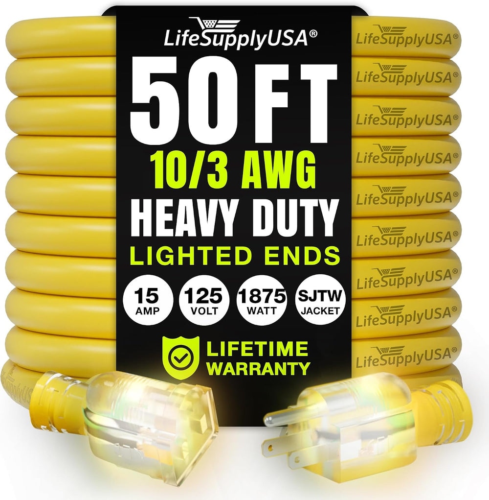 50ft Outdoor/Indoor Extension Cord 10/3 Gauge Ultra Heavy Duty 3 Prong SJTW