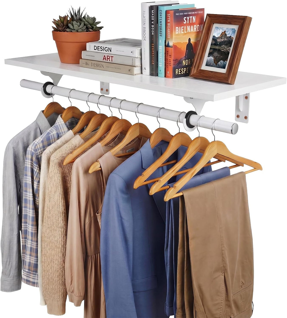 Wall Mounted Clothes Rack, with Top Shelf and Hanging Rod, Heavy Duty (White,...