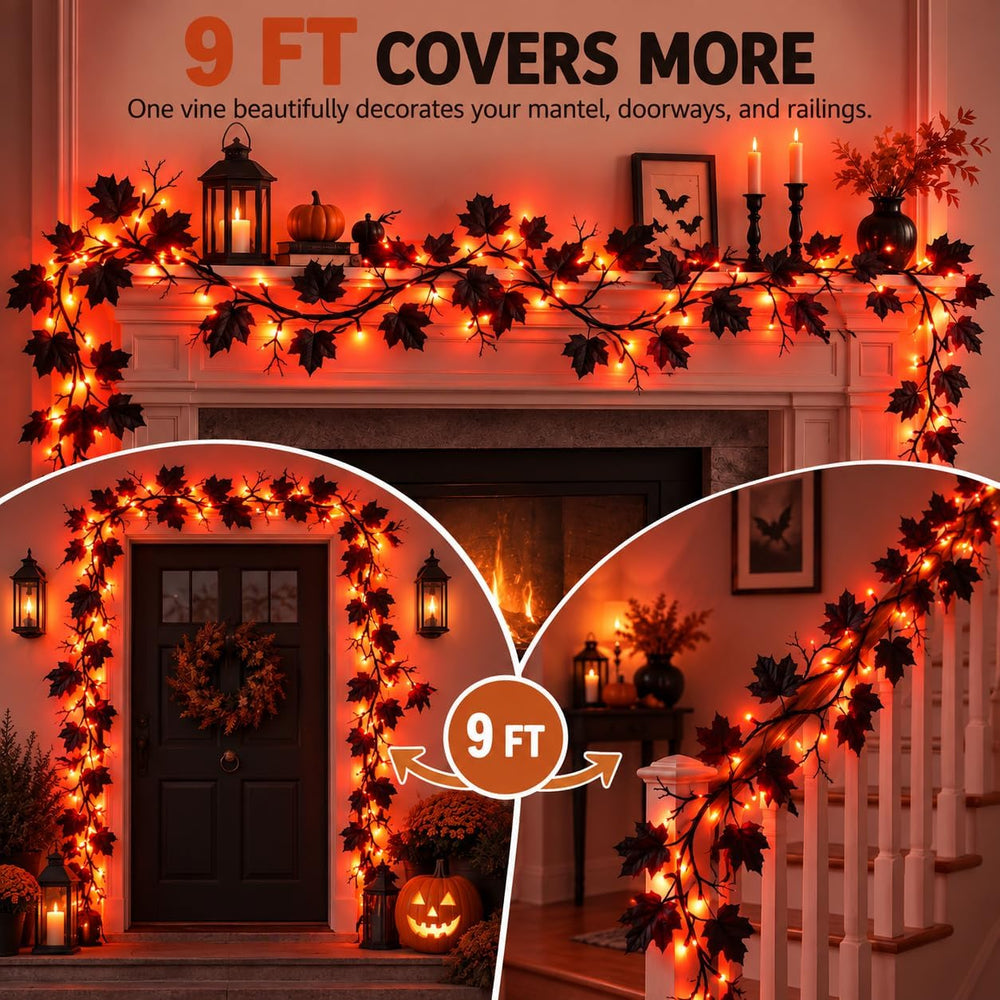 Halloween Garland with Orange Lights, 9 FT Black Maple Leaves, 72 LEDs
