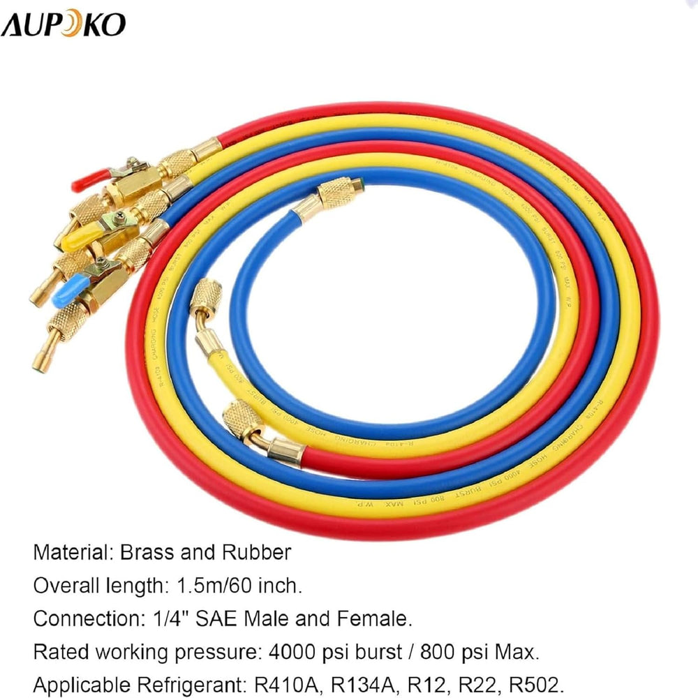 Refrigerant A/C Charging Hoses with Ball Valves, 3-Color 60" R410A HVAC ...