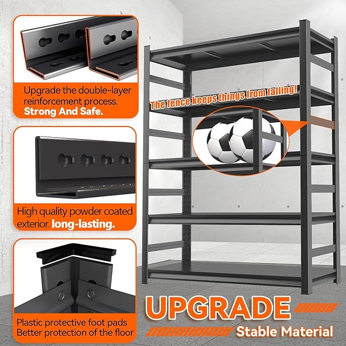 Adjustable 5-Tier Garage Shelving, Heavy Duty Steel Storage Shelves, High Load