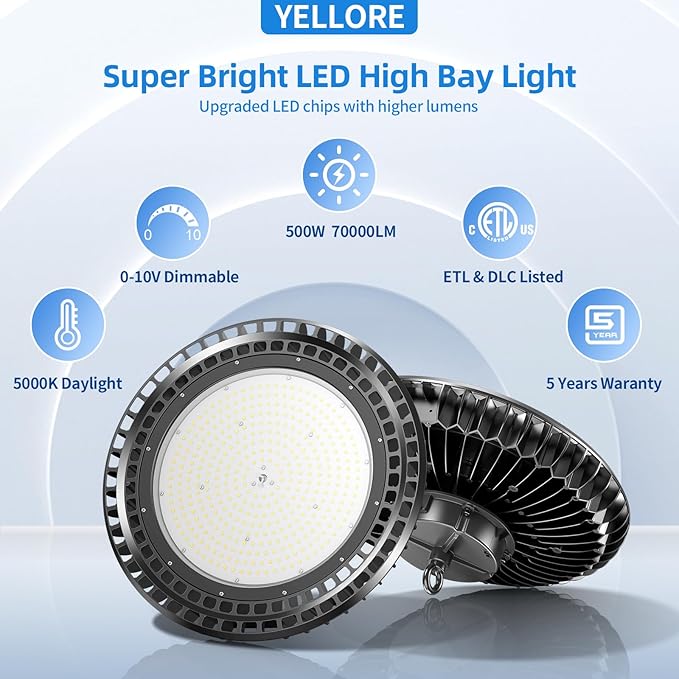 500W LED High Bay Light 72, 500LM DLC ETL Listed Industrial Grade UFO Light