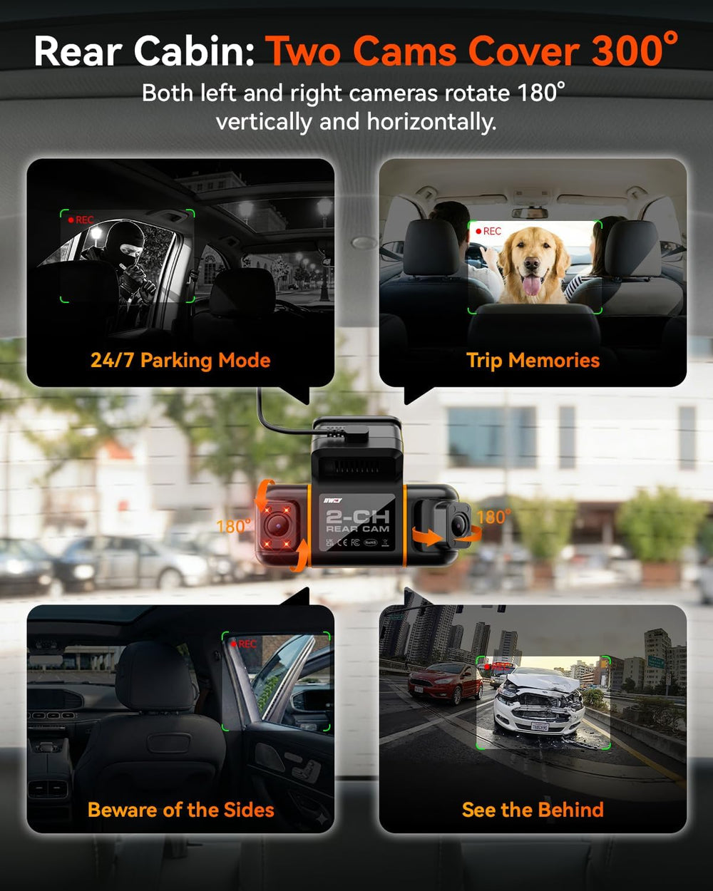 IIWEY N9 360° 5 Channel Dash Cam, Free 128GB Card, 12 IR LEDs Night Vision