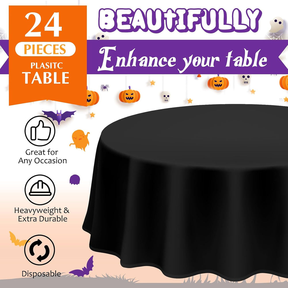 Amylove 24 Pcs Halloween Plastic Tablecloth Disposable Round, 84 Inch