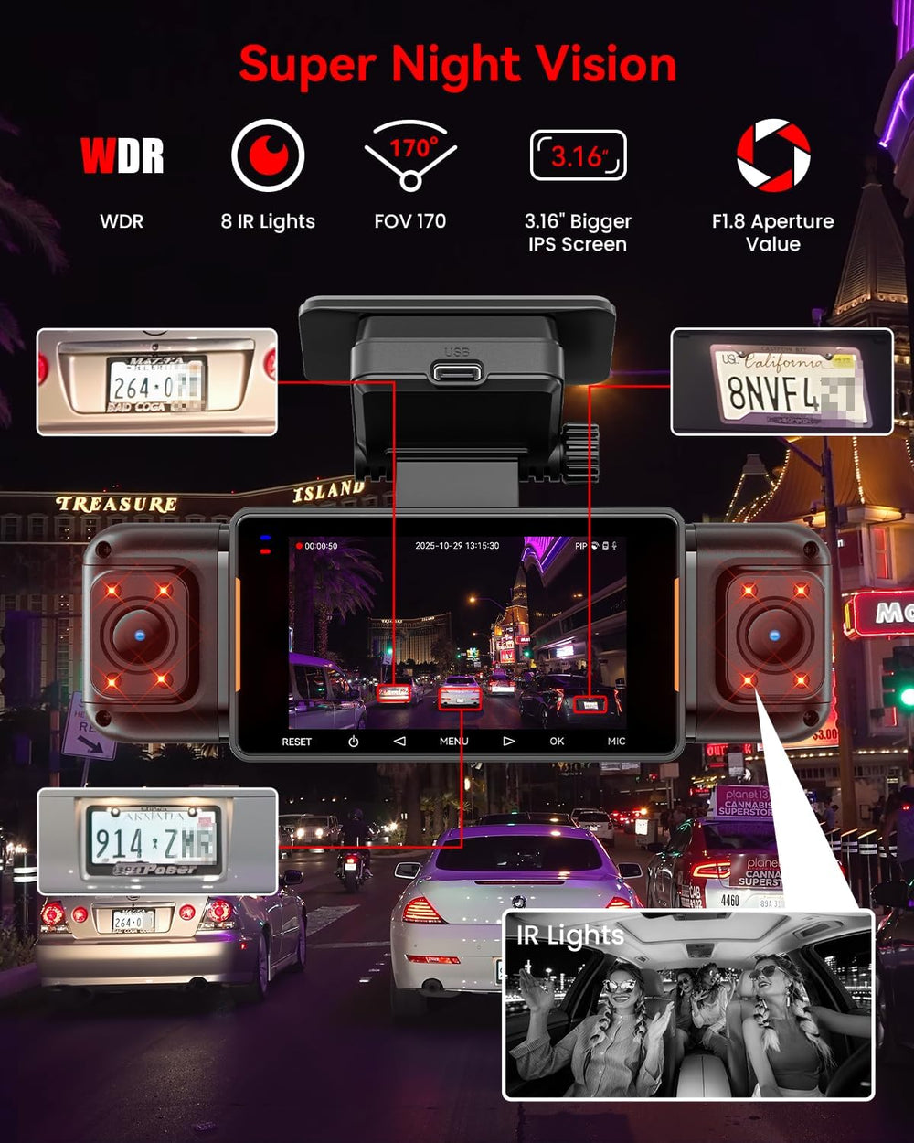 IIWEY N5 PRO 4K 4 Channel Dash Cam, 360° View 1080P Rear Inside
