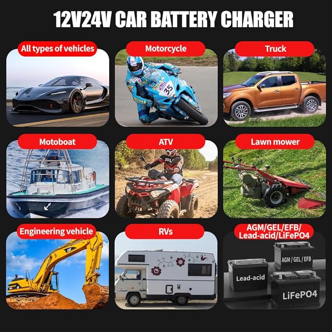 20-Amp Car Battery Charger, 12V/20A and 24V/10A LiFePO4, Lead-Acid Automatic