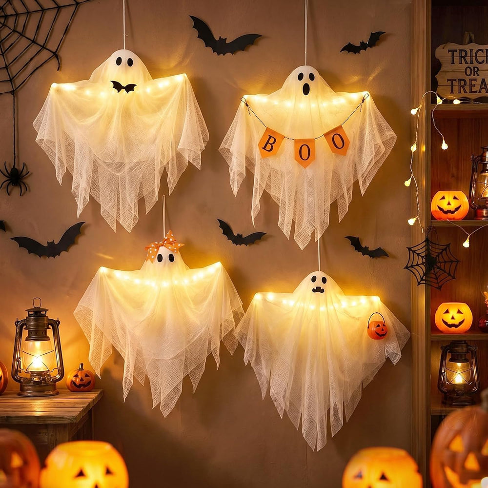 4 Pack Lighted Hanging Ghost Decorations with Timer for Halloween Decor
