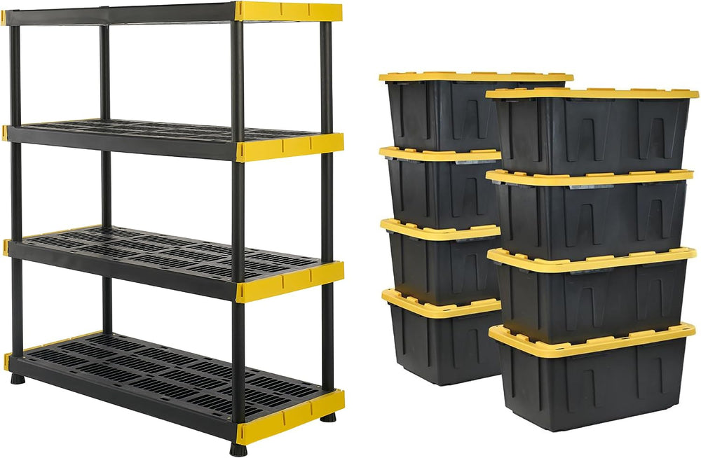 CX Heavy Duty 4-Tier Garage Storage Shelves + 8-pack 27-Gallon Bins & Lids