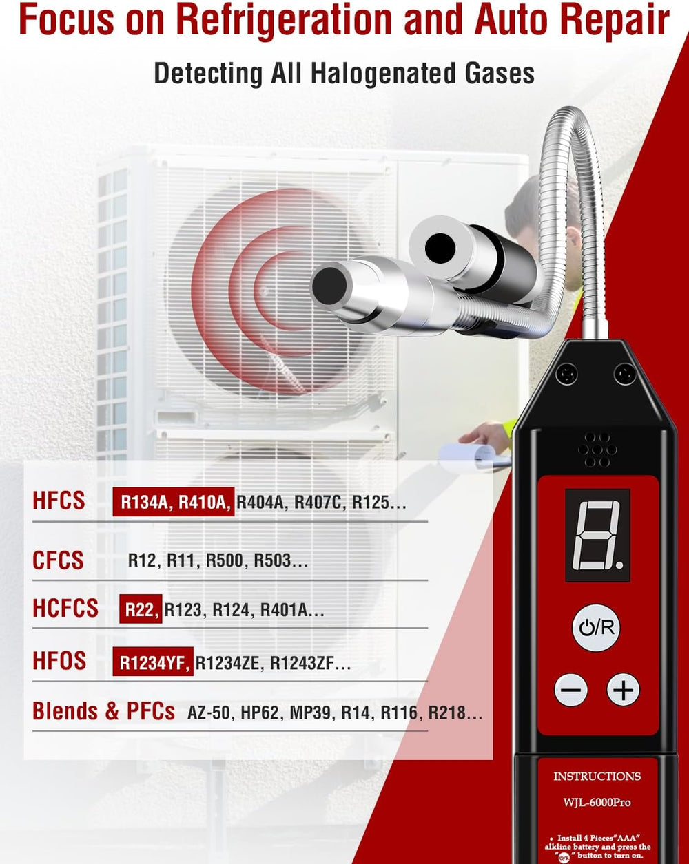 WJL-6000PRO Refrigerant Leak Detector with UV & LED Light for HVAC