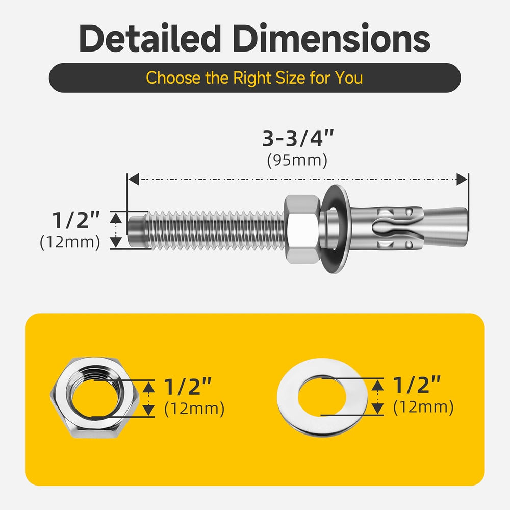 Mywish (25-Pack) 1/2" x 3-3/4" 304 Stainless Steel Wedge Anchors fo...