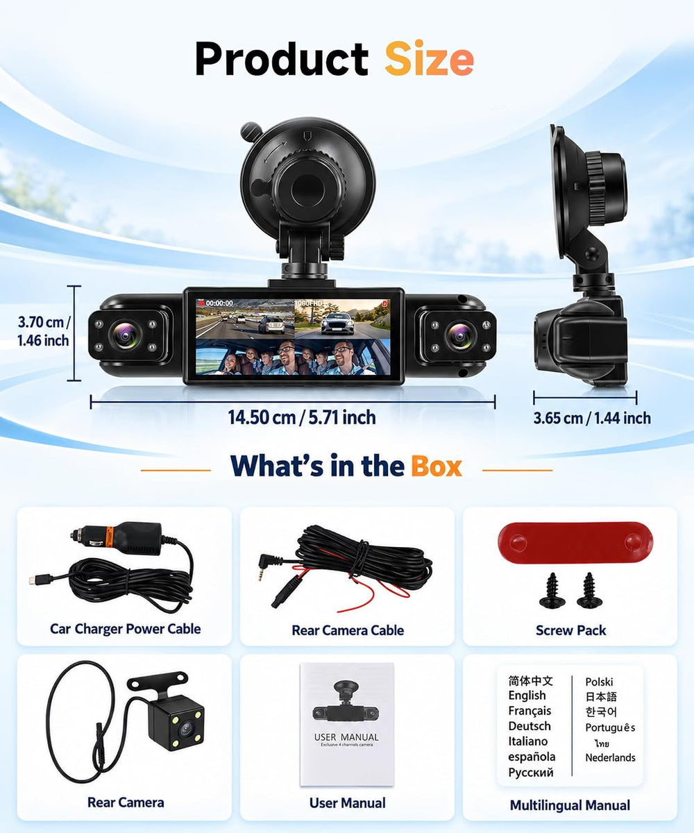 4 Channel 360° Dash Cam, FHD 1080P Dash Camera Front Rear Left Right Inside