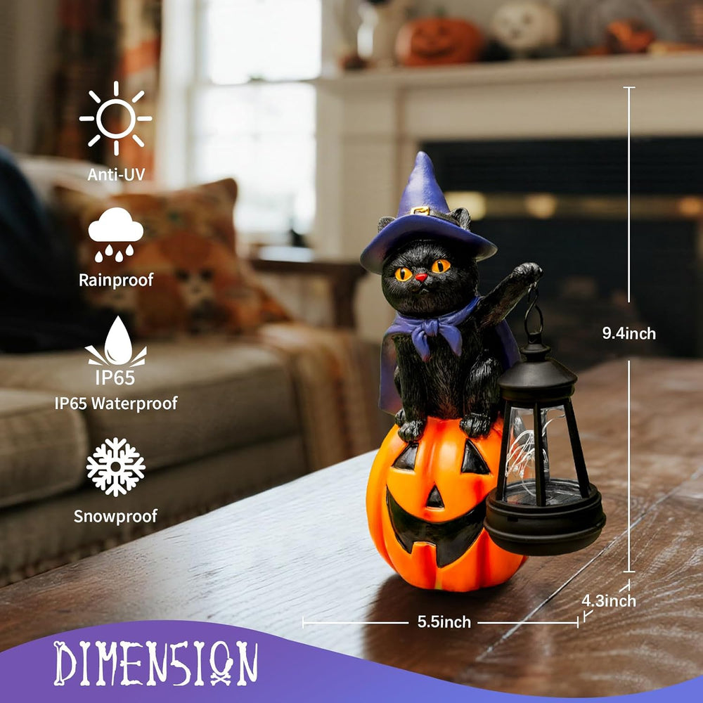 Halloween Black Cat Decor Solar Cat Garden Statues Sit On Pumpkin with LED La...