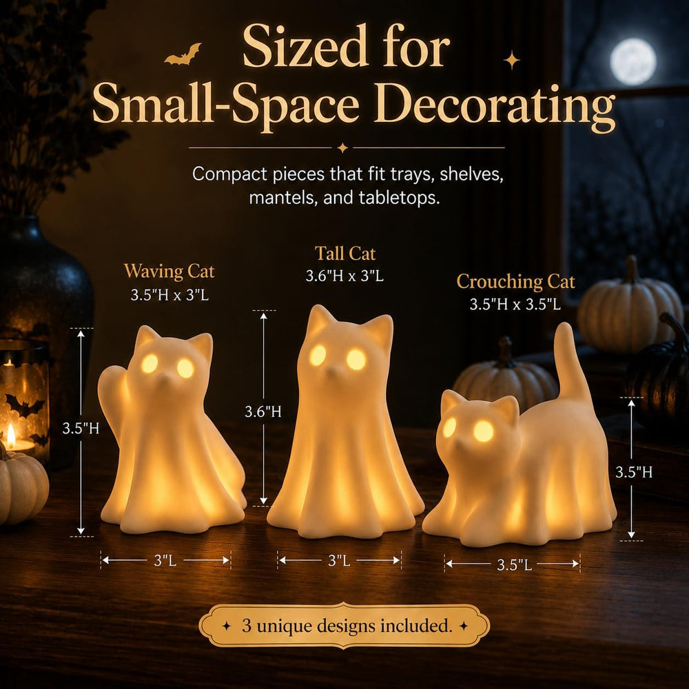 3PCS Ceramic Ghost Cat Light Up Decor Cat Ghost Halloween Decor