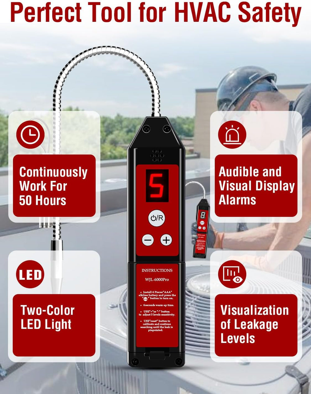 WJL-6000PRO Refrigerant Leak Detector with UV & LED Light for HVAC