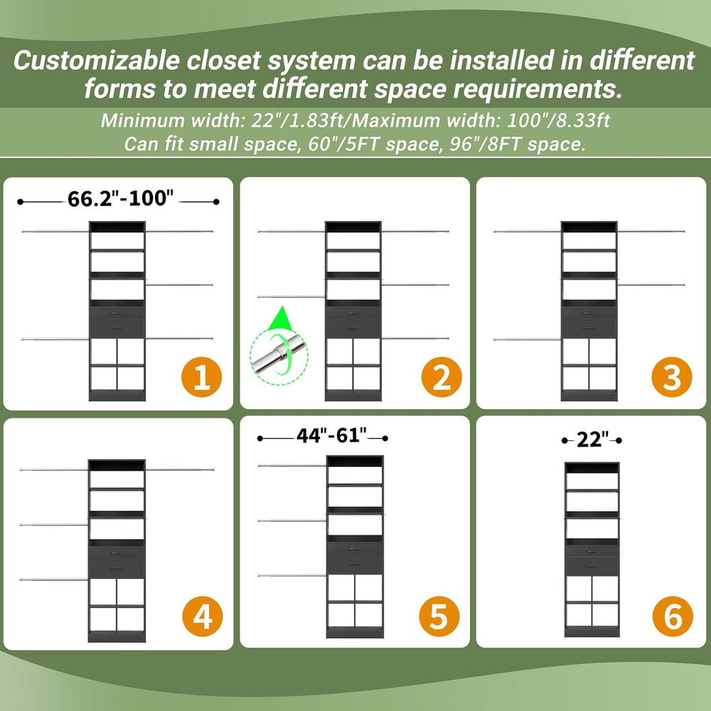 Besiost Closet System, 4-8 FT Closet Organizer Systems with 2 Wooden Drawers ...