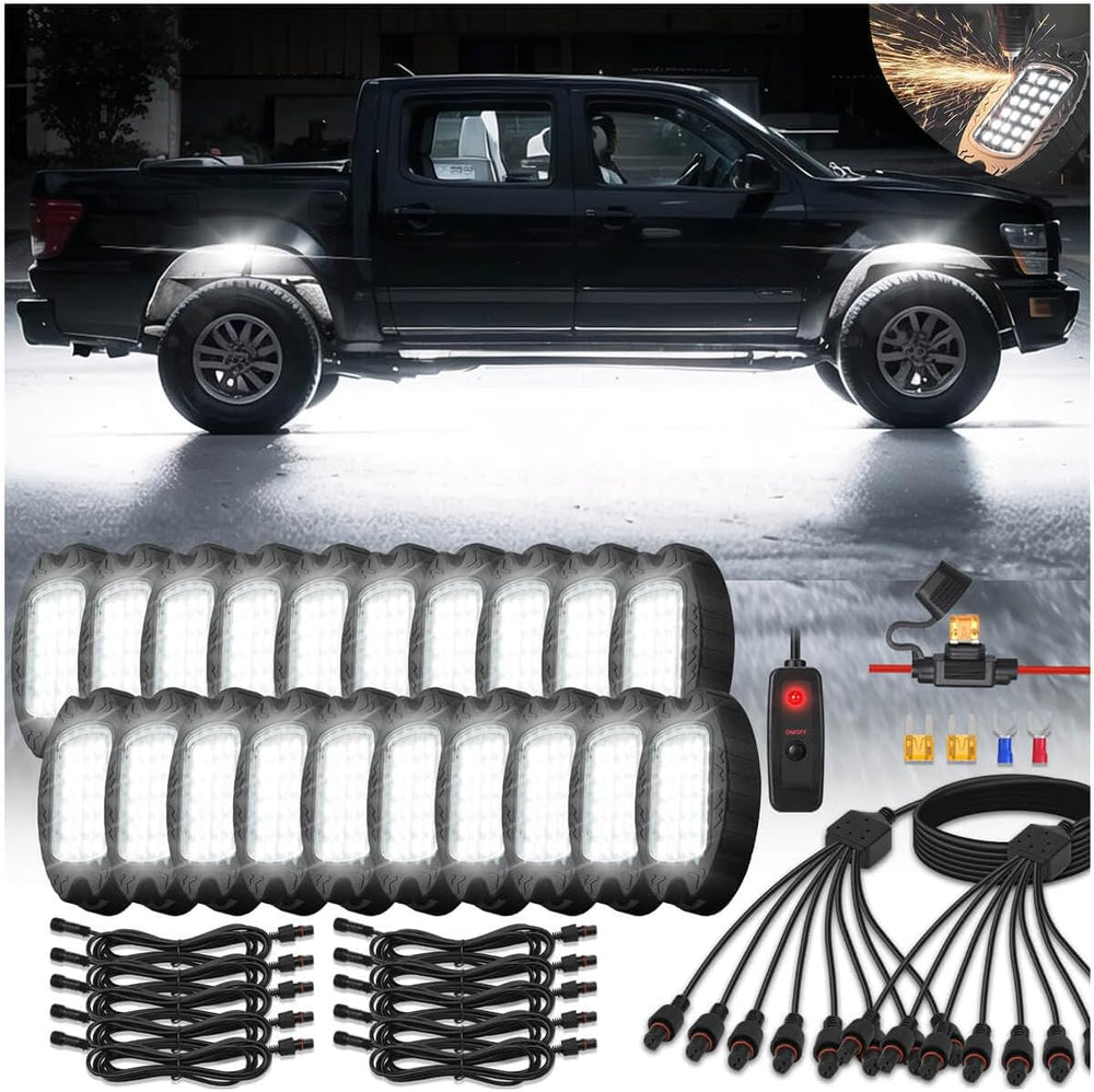 20Pods Metal All Pure White LED Rock Lights Full Kit Plug and Play&Pre Wi...