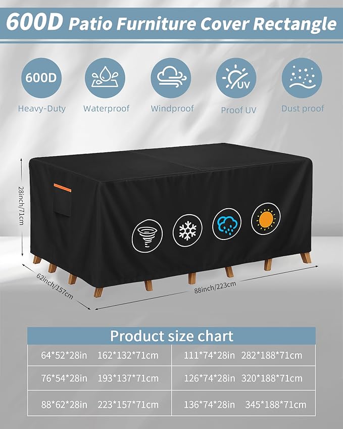 Outdoor Waterproof Furniture Cover, 88W x 62L x 28H inches Heavy Duty 600D