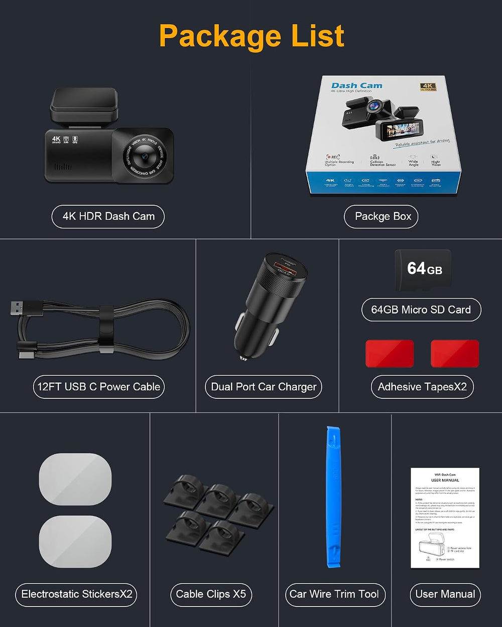 4K Dash Cam Front, Built-in 5.8G WiFi, Free 64GB Card & 48W A+C Car Charger