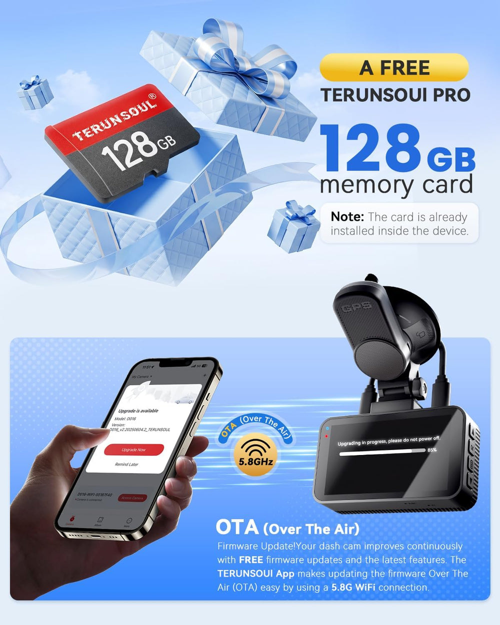 4K+4K Dash Cam, Free 128GB Card, 5.8GHz WiFi6 - up to 20MB/s