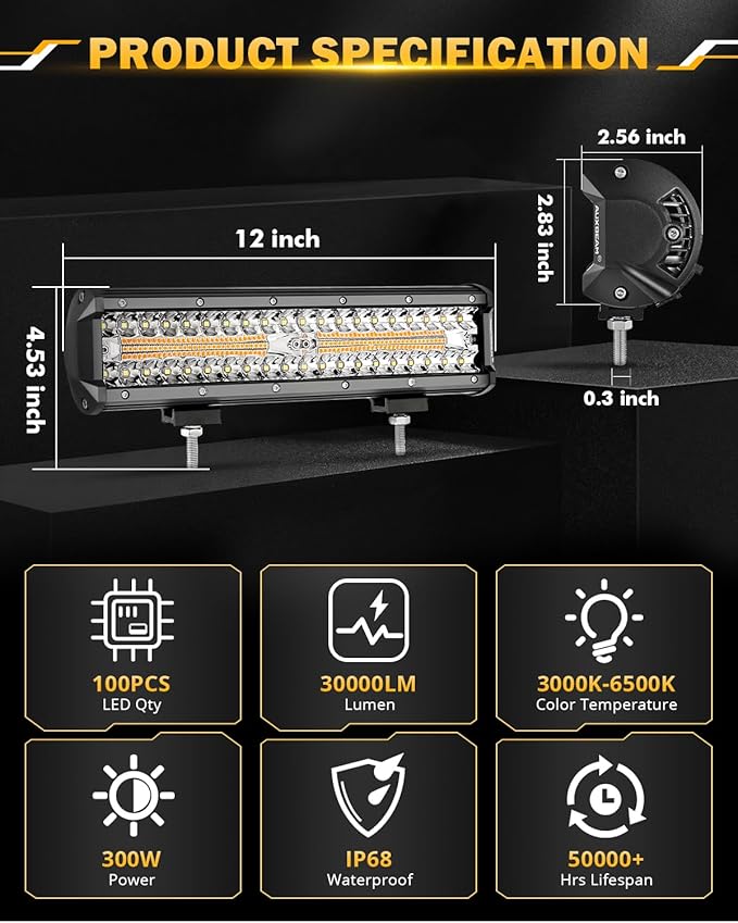 Auxbeam 12 Inch LED Light Bar, 6 Modes Strobe Amber Pod Lights Yellow Fog Light