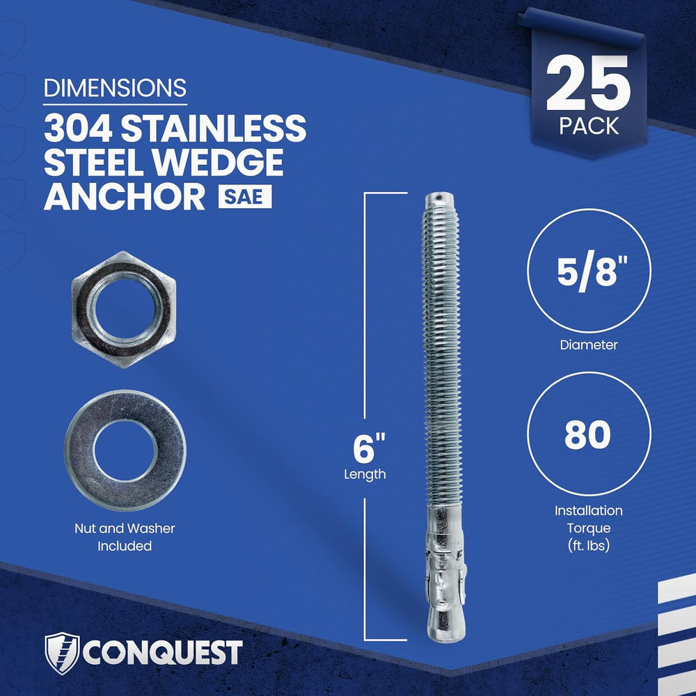 Conquest 304 Stainless Steel Wedge Anchors for Concrete 5/8” x 6”