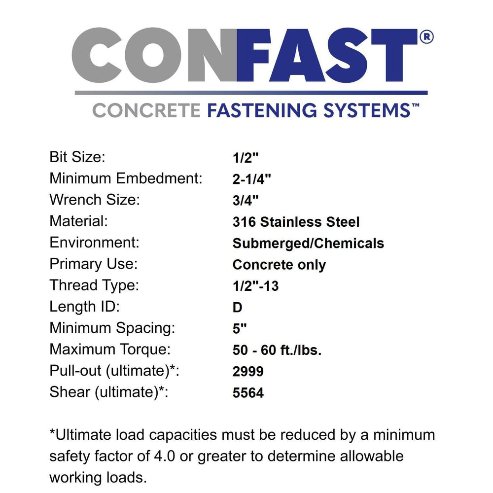 CONFAST 1/2" x 3-3/4" 316 Stainless Steel Wedge Anchor (25 per Box)