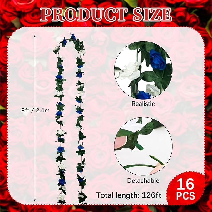 16Pcs 126Ft Royal Blue&White Rose Garland, Fake Rose Hanging Flowers, Art...