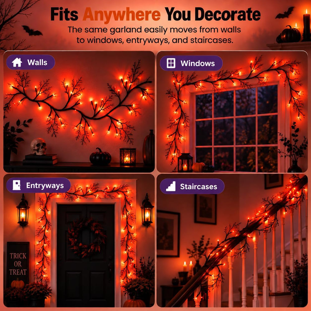 Halloween Garland with Orange Lights, 9 FT Bendable Black Branch, 72 LEDs