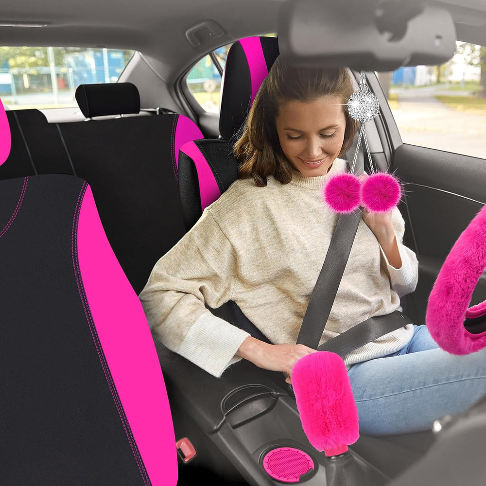 17 Pcs Car Seat Cover Full Set for Women Fluffy Fuzzy, Rose Red Black