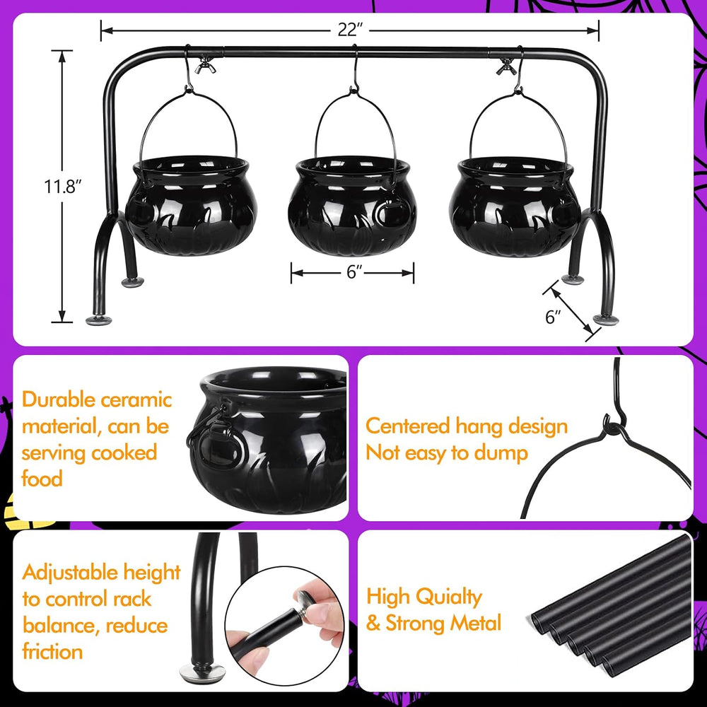 Halloween Party Decorations, 3 Ceramic Witches Cauldron Serving Bowls Set