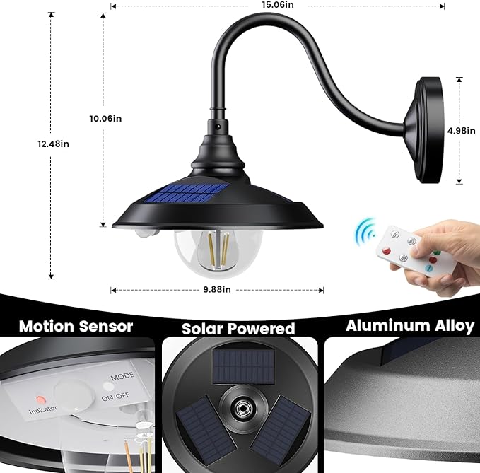 SIEDiNLAR Solar Barn Light Outdoor 3 Modes 2 Lighting, Aluminum Gooseneck Wall