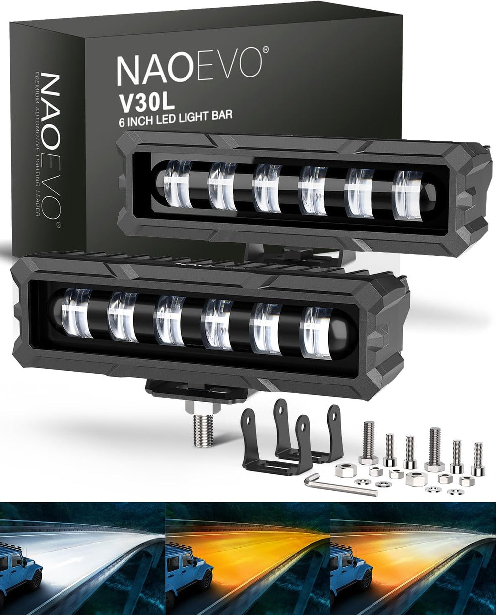 NAOEVO 6 Inch White Amber LED Light Bar, Lens Spot LED Fog Lights, 3-Mode