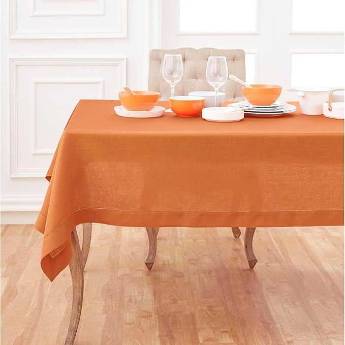 Solino Home Linen Pumpkin Tablecloth 60 x 108 Inch - Classic Hemstitch, 100% ...
