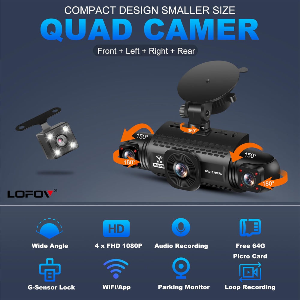 4 Channel Dash Cam 360° View 5G WiFi & APP Control, LOFOV 2K Front and Re...
