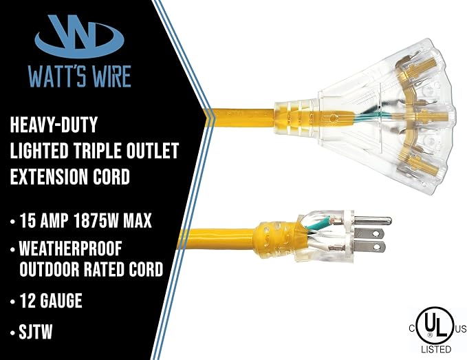 10 ft - 12 Gauge Heavy Duty Extension Cord - 3 Outlet Lighted SJTW -
