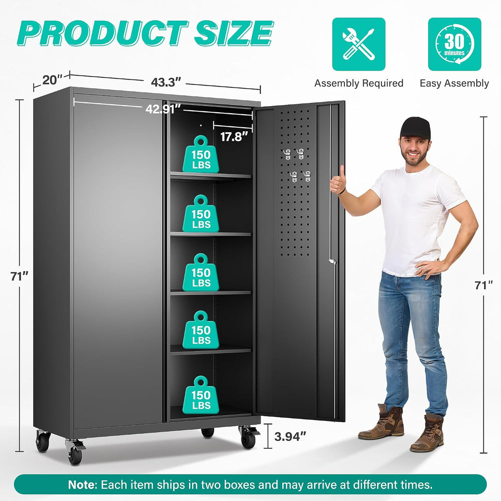 SISESOL Wide & Deep Metal Storage Cabinet with Wheels,Tall Rolling Garage...