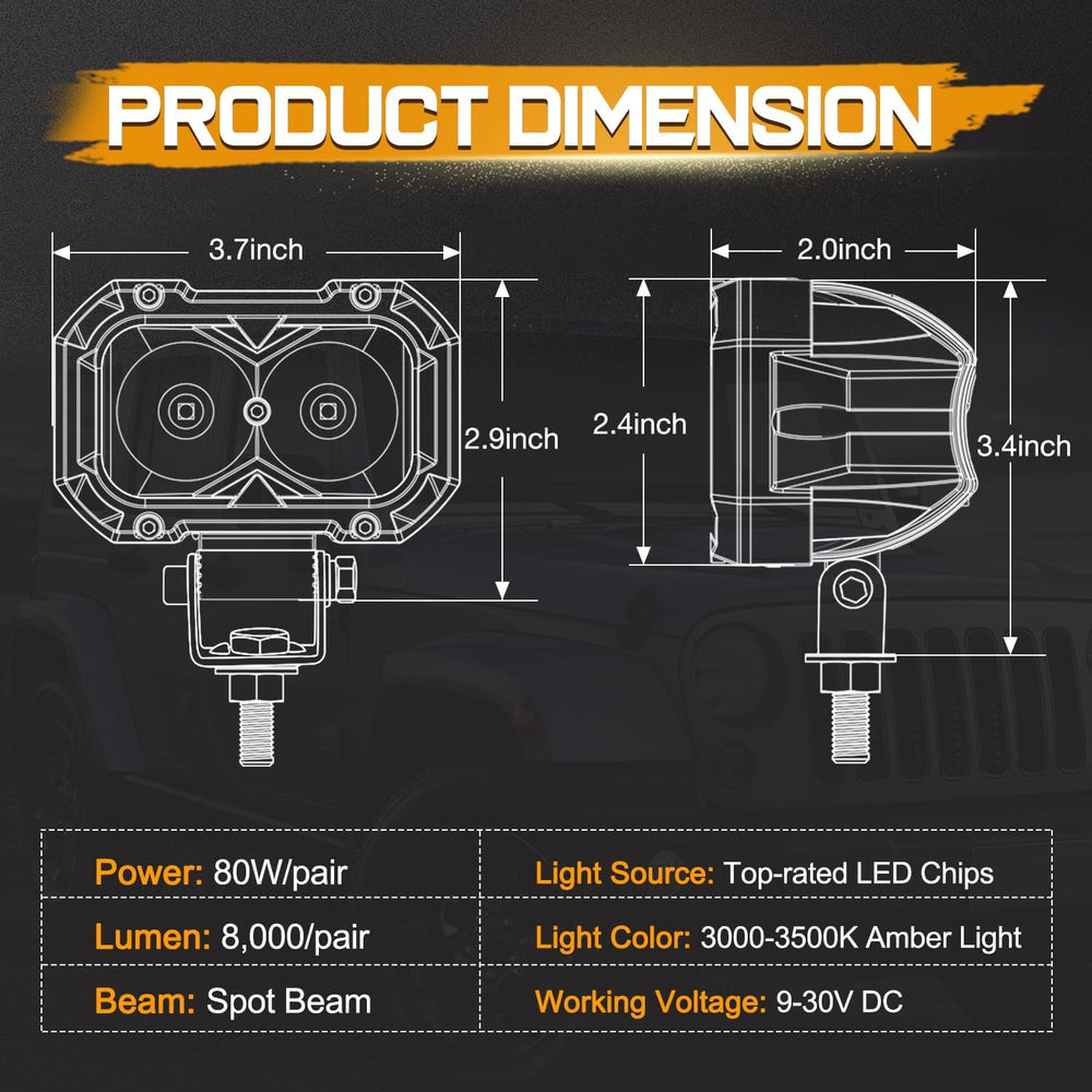 Amber LED Fog Lights, 2Pcs 4 Inch LED Pods Yellow Spot Driving Light 80W Ditc...