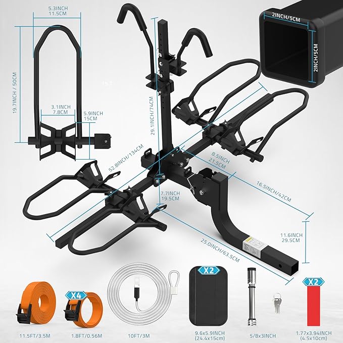 PAULINN Ebike Rack for Tow Hitch, Heavy Duty 2 Bike Folding Bicycle Car SUV